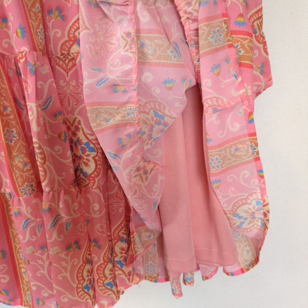 Flying Tomato Pink Boho Puff Sleeve Mini Dress L Cottagecore Coquette Paisley - Picture 6 of 8